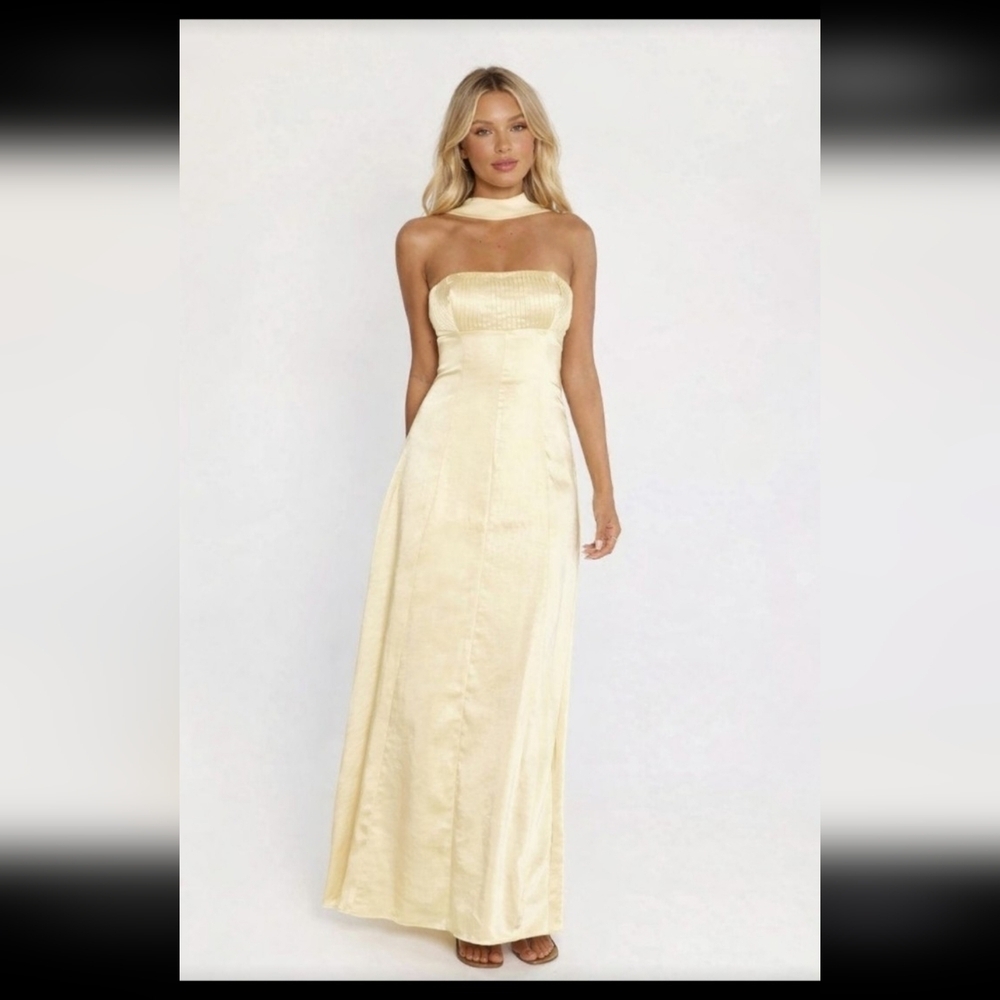 Princess Polly Strapless Satin Lace-Up Back Maxi Dress in Light Yellow